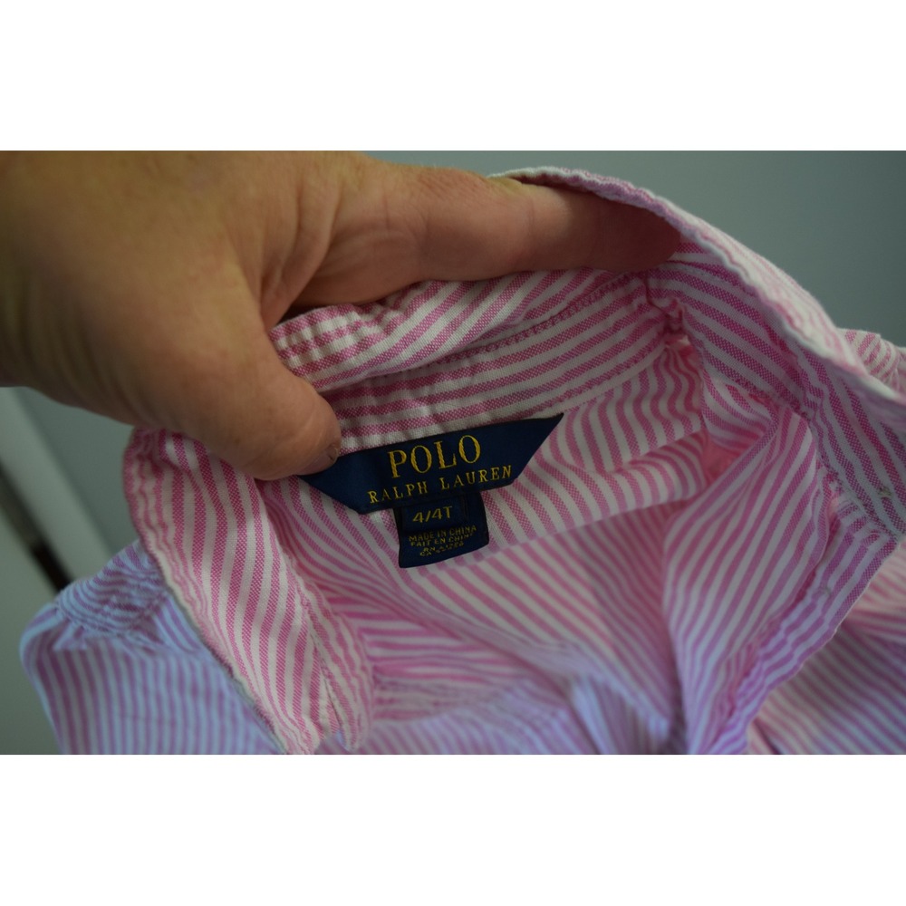Polo Ralph Lauren Button Down Dres 4/4T Pink Striped Ruffle Girls Drop Waist